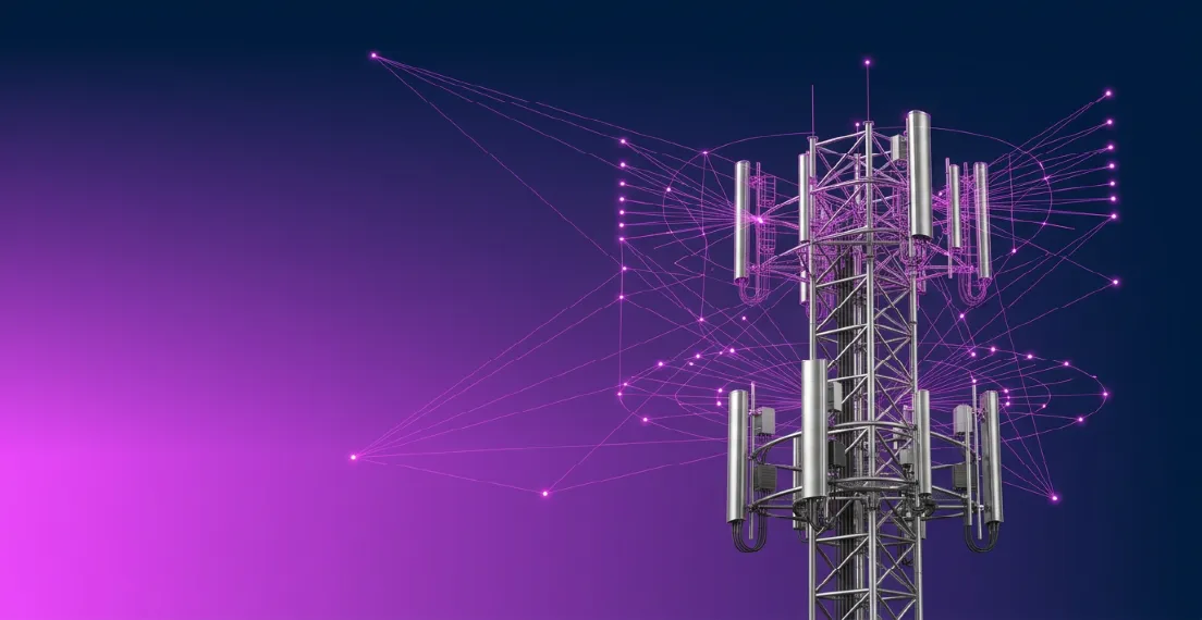 Cell tower extended with 3D CAD style web on a purple to navy linear gradient background 1104×570