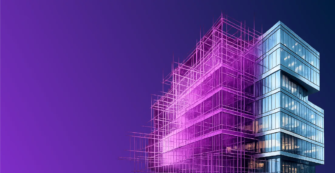 Extended office building on a purple to navy linear gradient background 1104×570