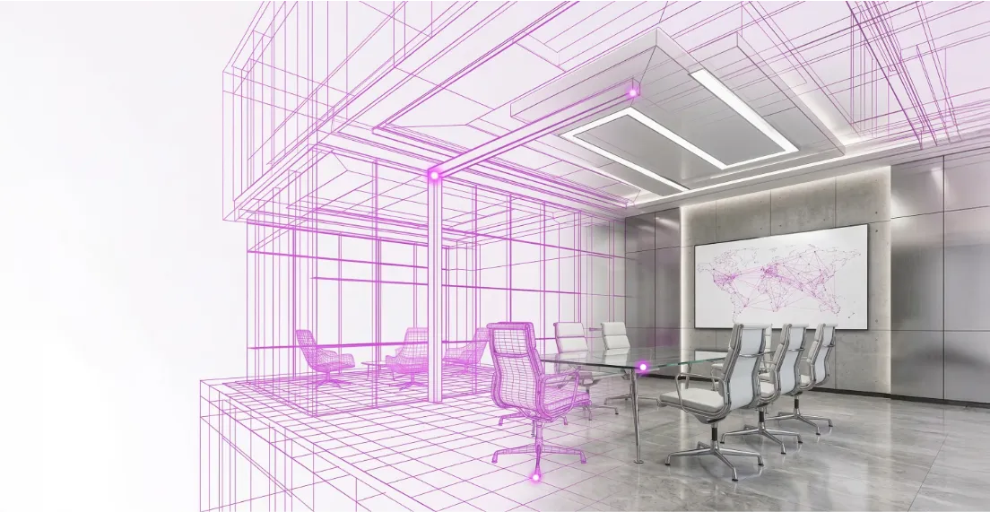 Meeting room no people extended 3D CAD style on a white to lilac gradient background