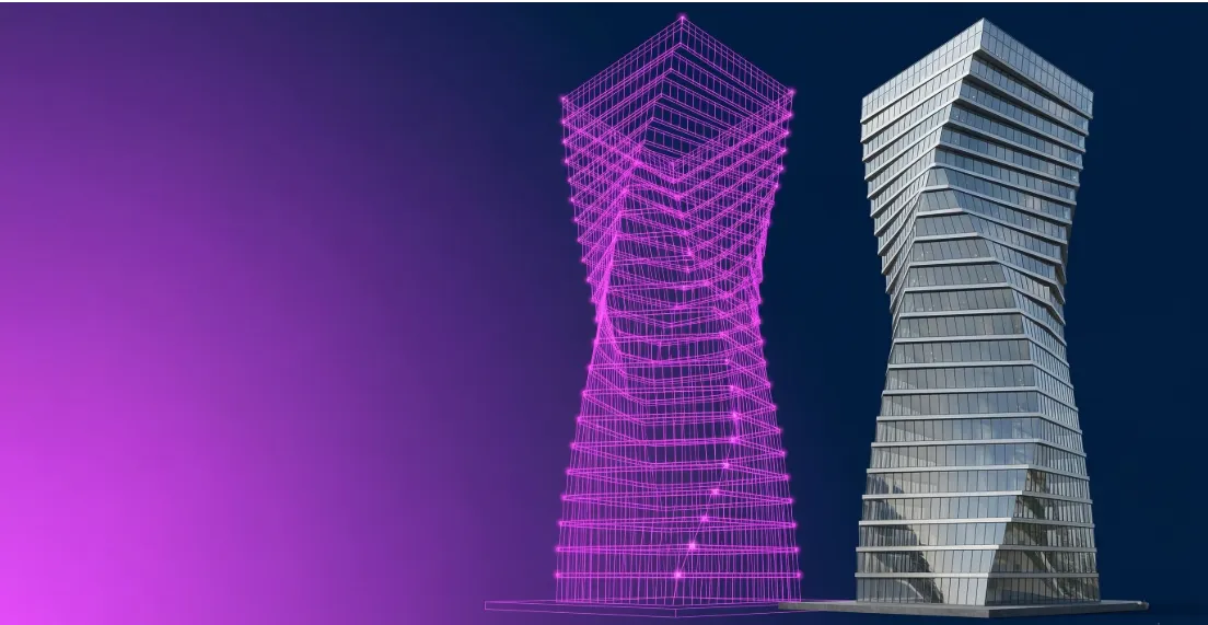 Spiral building with a digital twin on a pink to navy radial gradient background 1104×570