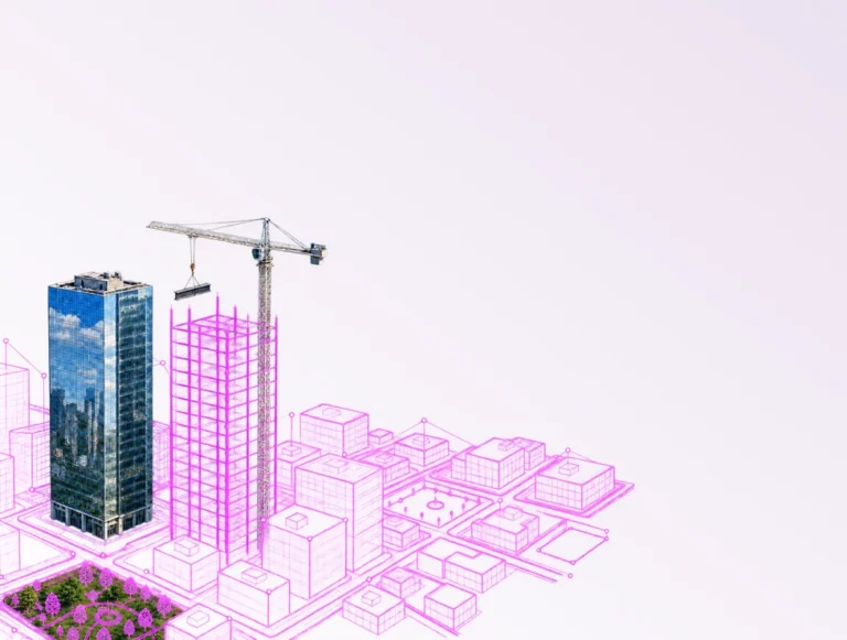 A finished glass tower beside the same tower still under construction, with a crane, above a wireframe city district