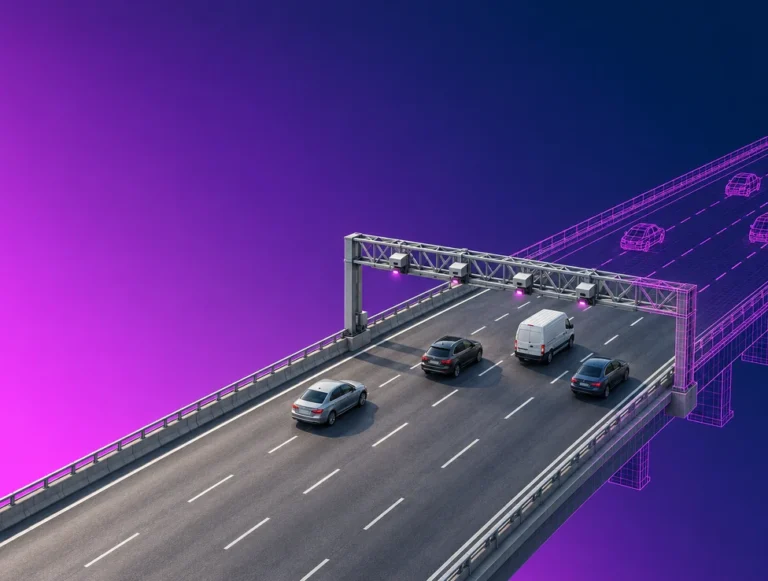 Highway toll gantry counting each vehicle, with the road beyond rendered as a magenta wireframe twin